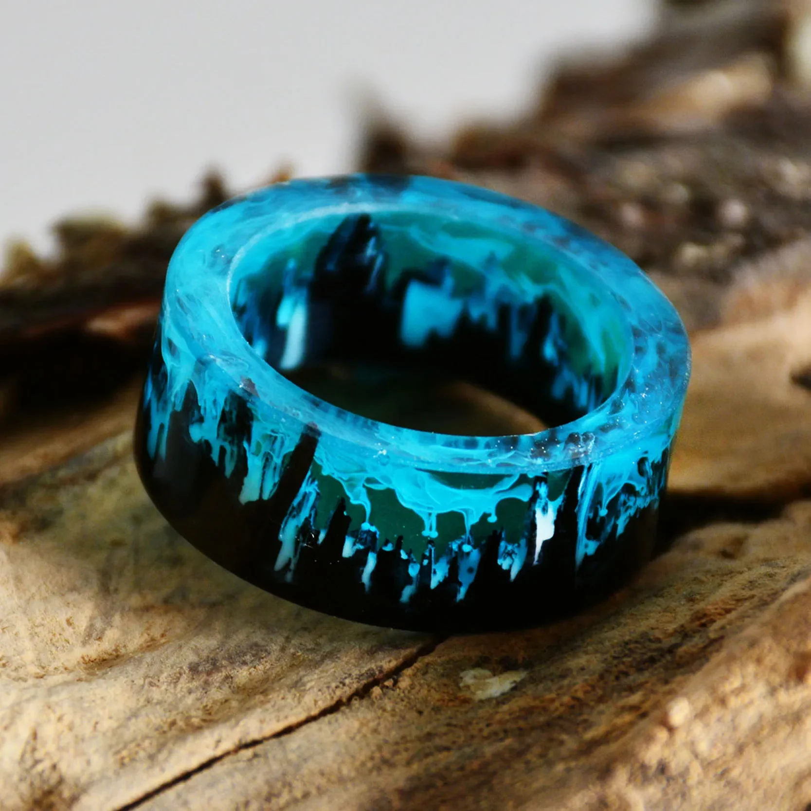 Blue Resin Rings Wood Resin Landscape Ring Natural Scenery Epoxy Resin Rings Jewelry - Image 6