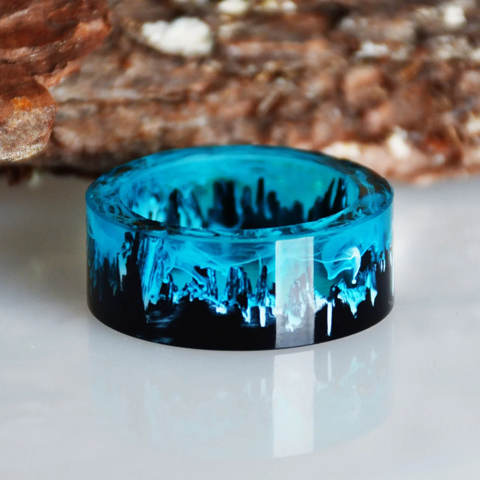 Blue Resin Rings Wood Resin Landscape Ring Natural Scenery Epoxy Resin Rings Jewelry - Image 7