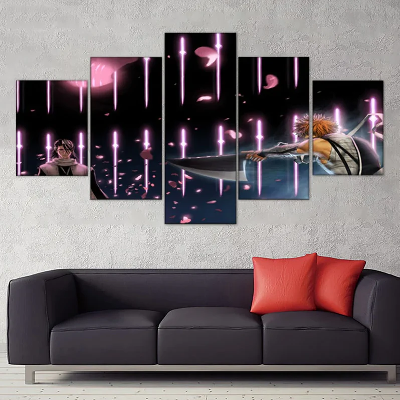 5 Panel Canvas Anime Bleach Byakuya Kuchiki Ichigo Kurosaki Battle Wall Art Decor Canvas - Image 3