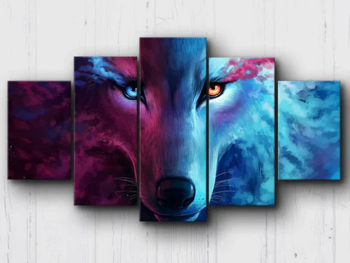 Wolf Galaxy 5 Panel Canvas Wolf Art Home Decor Living Room Home Decor Canvas - Image 3
