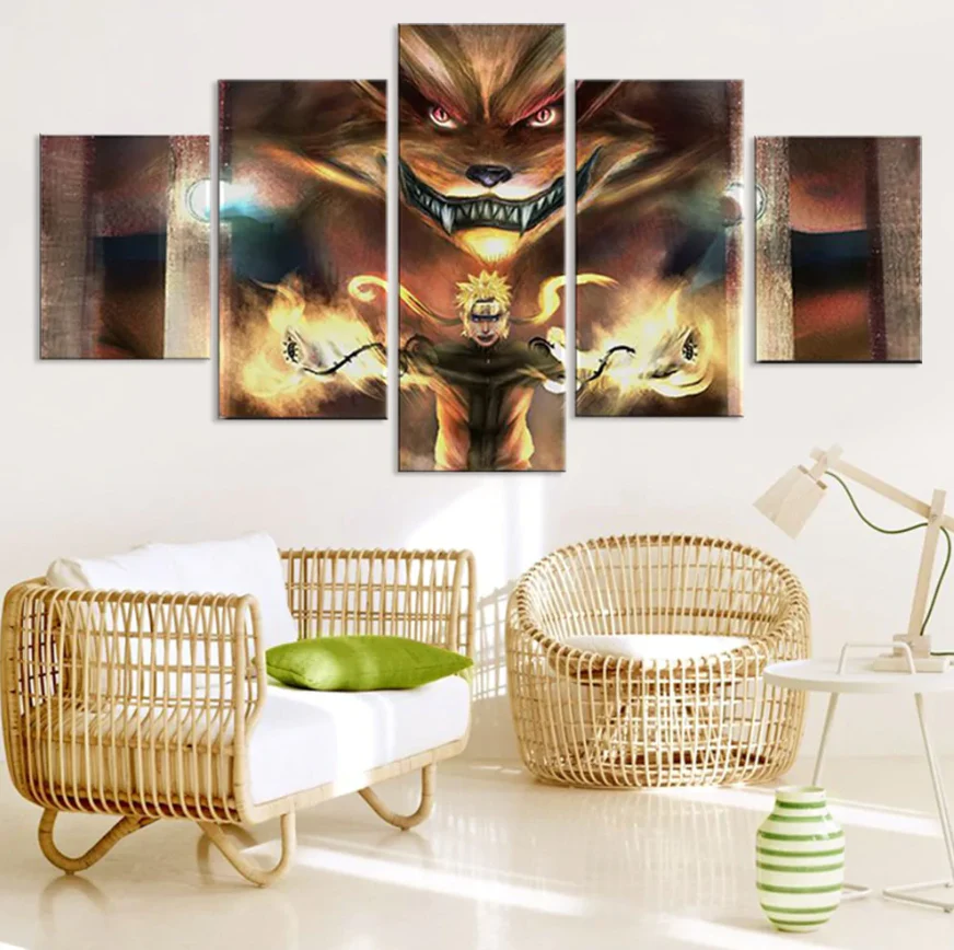 Naruto and Kurama 5 Panel Canvas Wall Art Anime Artwork Home Decor Canvas