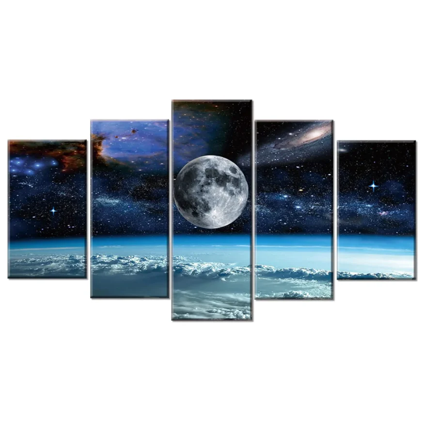 5 Pieces Print Canvas Art Space Universe Moon Stars Painting Home Decor Wall Art Canvas - Image 3