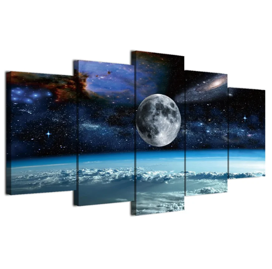 5 Pieces Print Canvas Art Space Universe Moon Stars Painting Home Decor Wall Art Canvas - Image 4