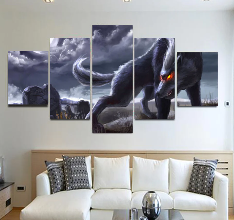 Red Eyes Wolf 5 Pieces Canvas Paintings Wall Art Home Decor Living Room 5 Panel Canvas