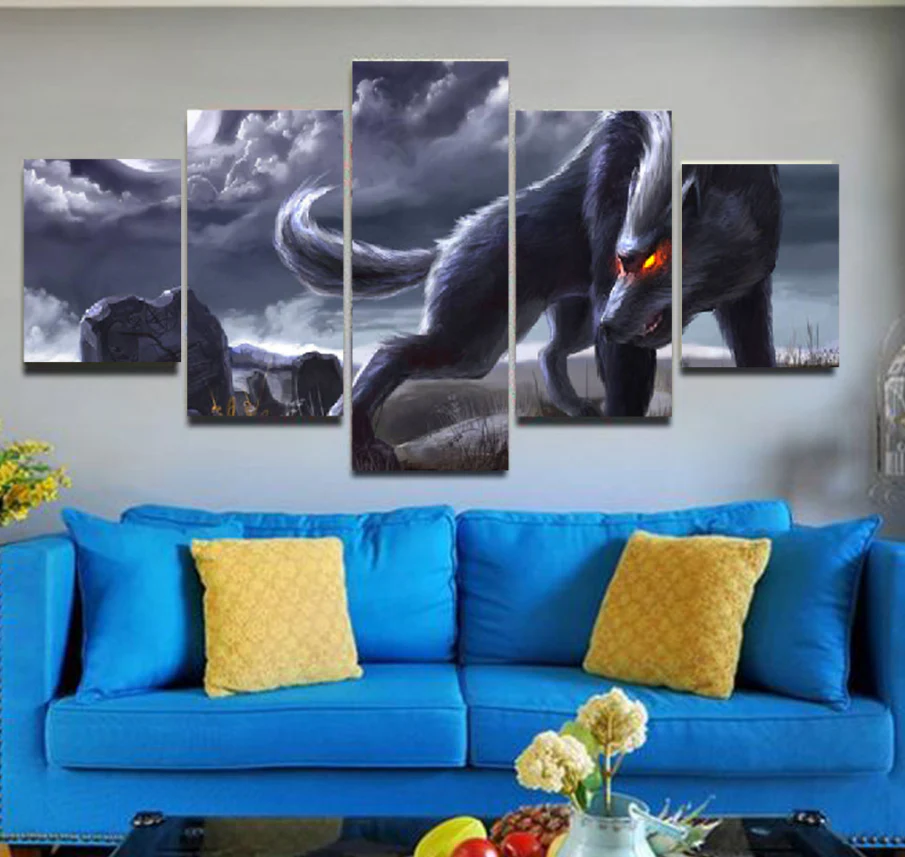 Red Eyes Wolf 5 Pieces Canvas Paintings Wall Art Home Decor Living Room 5 Panel Canvas - Image 2