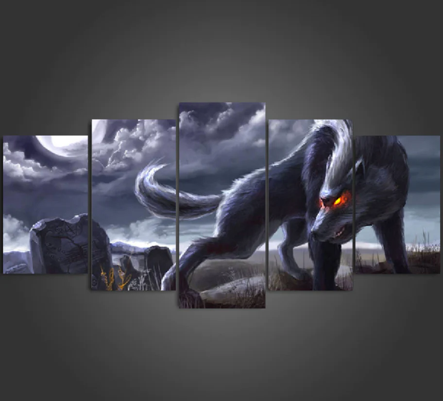 Red Eyes Wolf 5 Pieces Canvas Paintings Wall Art Home Decor Living Room 5 Panel Canvas - Image 3