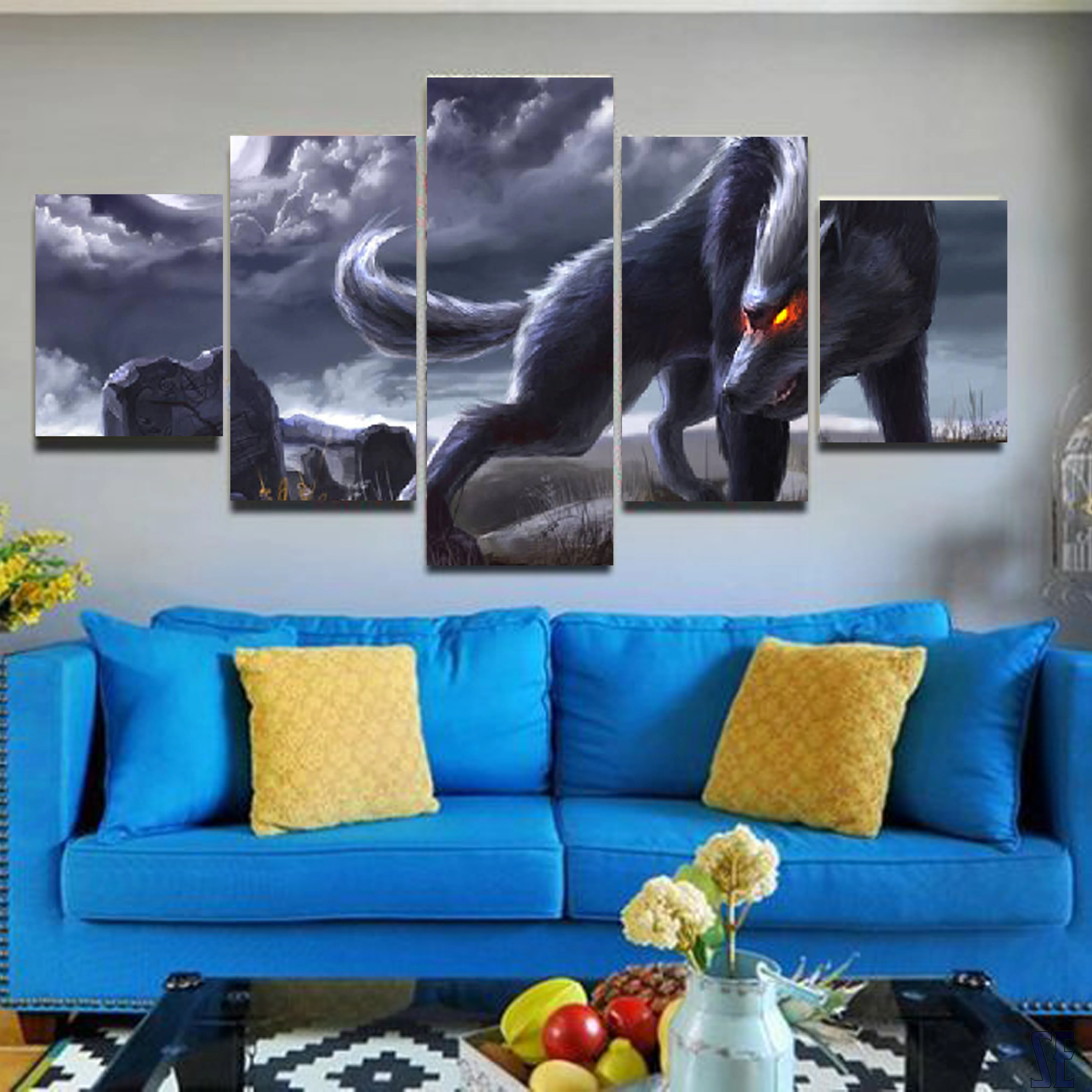 Red Eyes Wolf 5 Pieces Canvas Paintings Wall Art Home Decor Living Room 5 Panel Canvas - Image 7