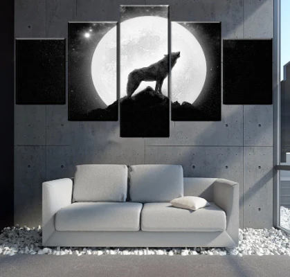 Wolf Howl Full Moon Night 5 Pieces Canvas Wall Art Living Room Home Decoration 5 Panel Canvas - Image 3