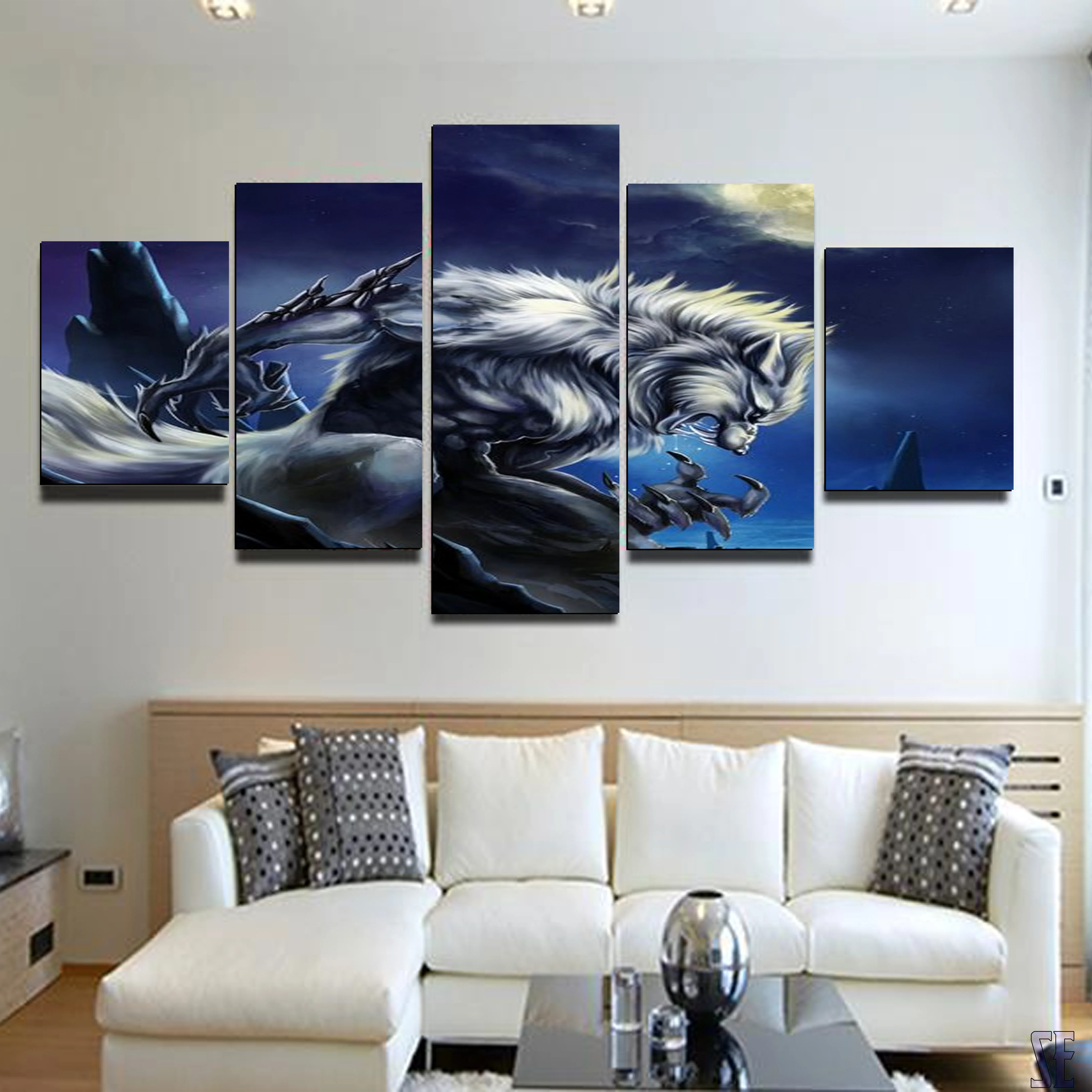 Alpha White Werewolf 5 Piece Canvas Wall Art Living Room Wolf Canvas 5 Panel Decoration - Image 5