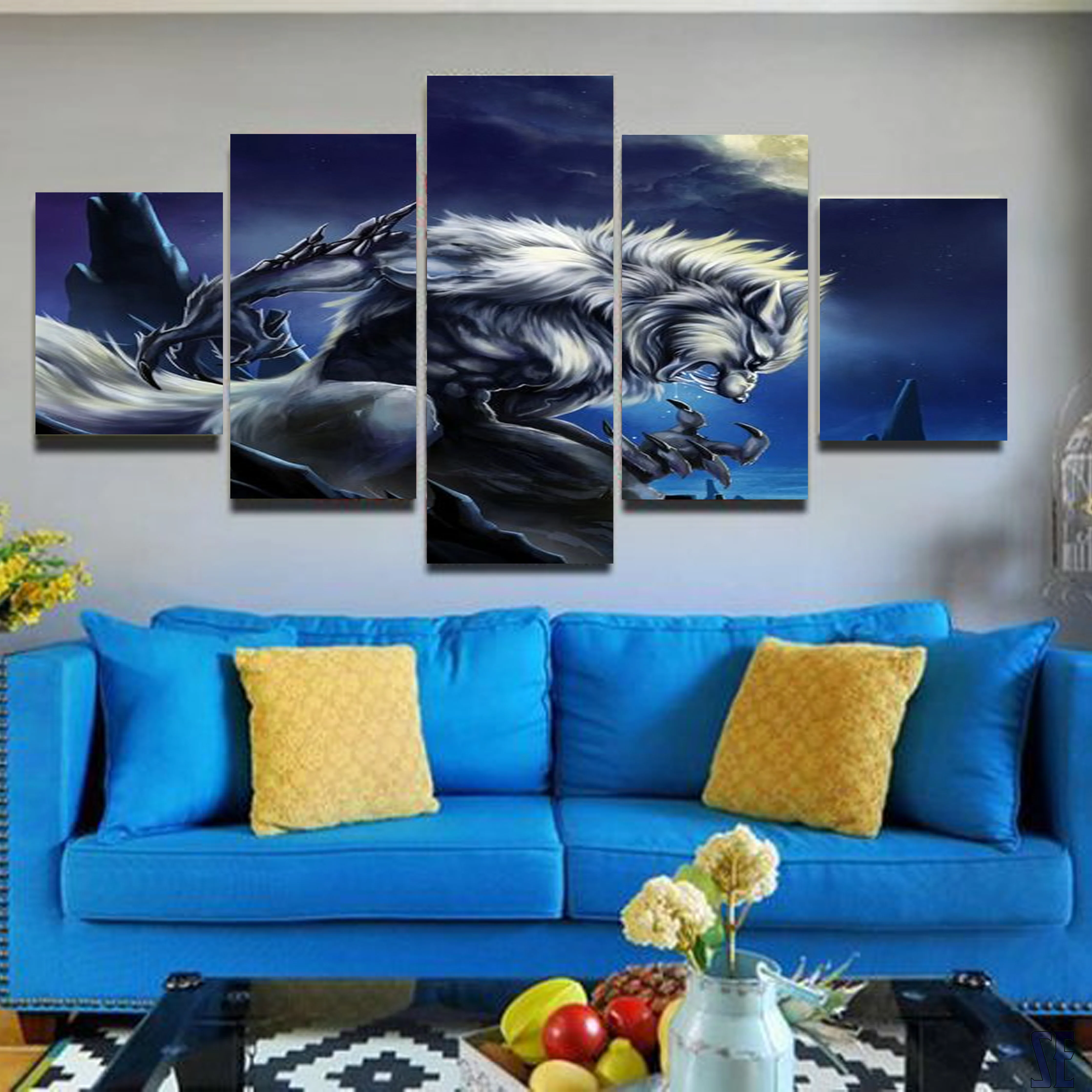 Alpha White Werewolf 5 Piece Canvas Wall Art Living Room Wolf Canvas 5 Panel Decoration - Image 6