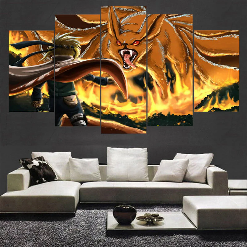 Naruto Shippuden Minato Vs Nine Tails 5 Panel Canvas Wall Art Home Decor Canvas - Image 2