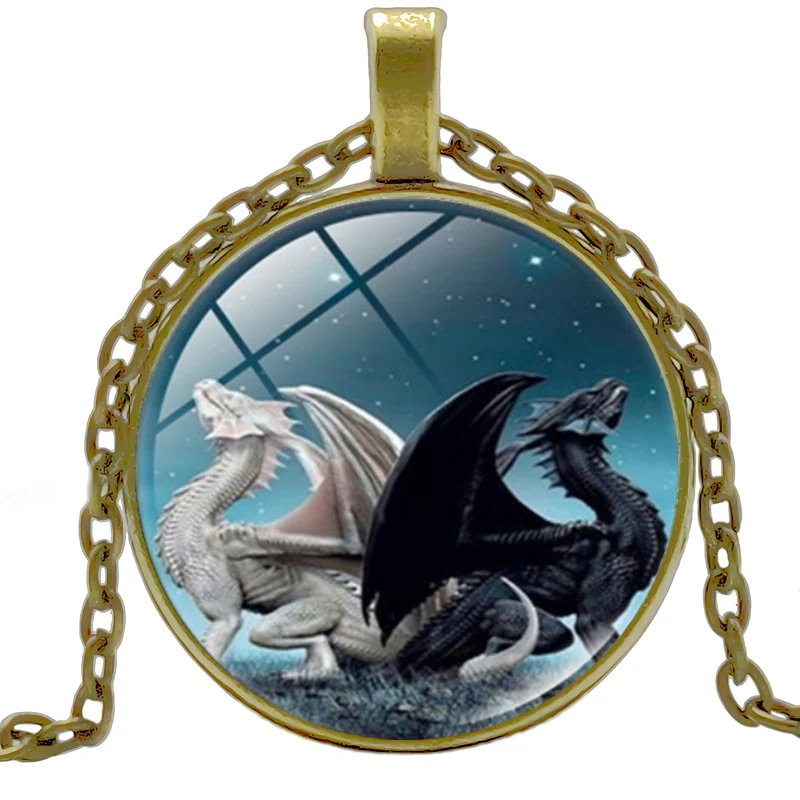 Black Dragon White Dragon Yin Yang Necklace Glass Convex Round Pendant Necklace - Image 6
