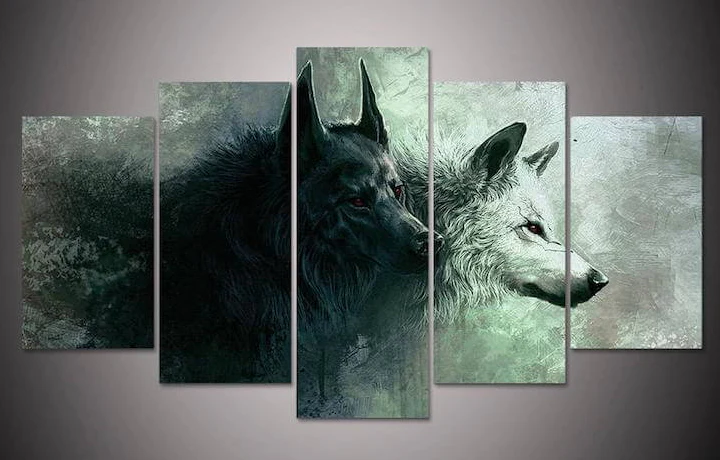 Ying Yang Canvas Art Wall 5 Panel Black and White Wolf Home Decoration Living Room Canvas - Image 3