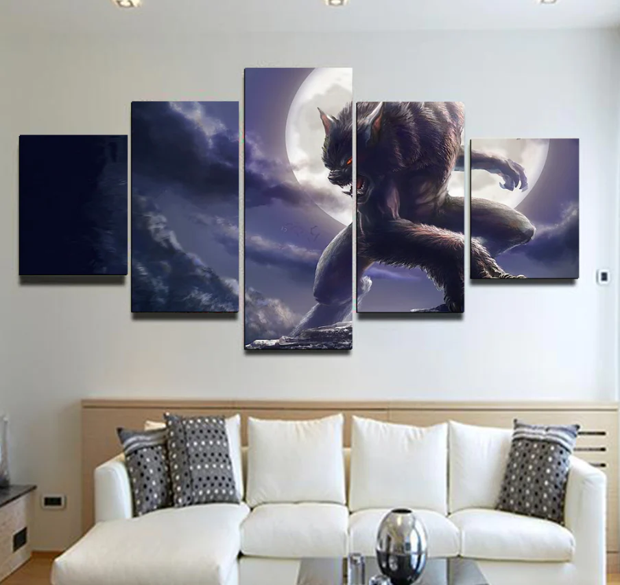Alpha Werewolf Moon 5 Piece Canvas Wall Art Home Decor Bedroom Wolf 5 Panel Canvas