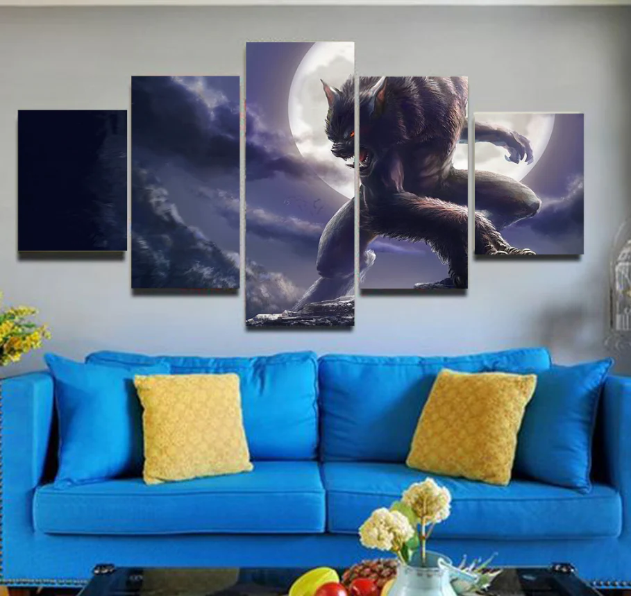 Alpha Werewolf Moon 5 Piece Canvas Wall Art Home Decor Bedroom Wolf 5 Panel Canvas - Image 2