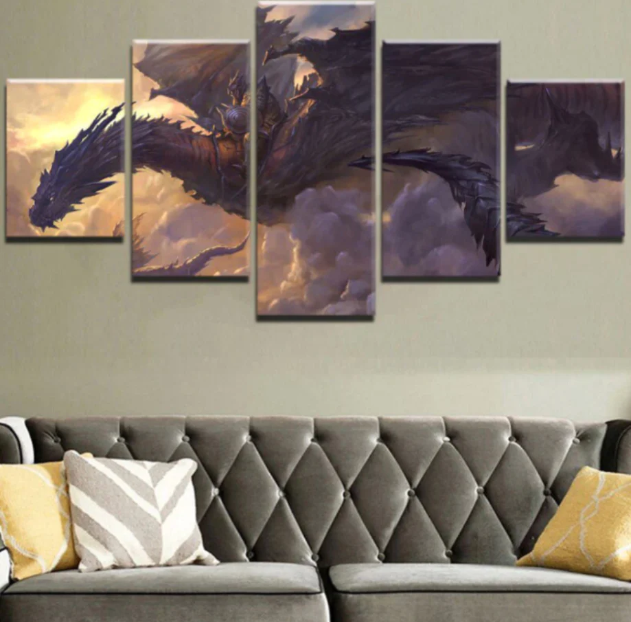 Dragon Rider 5 Pieces Canvas Painting Art Wall Sky Clouds Home Decoration Dragon 5 Panel Canvas - Image 2