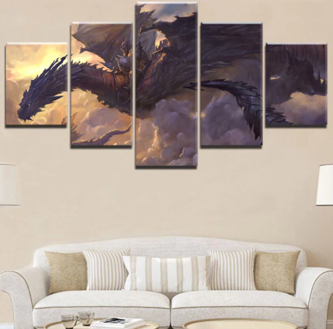 Dragon Rider 5 Pieces Canvas Painting Art Wall Sky Clouds Home Decoration Dragon 5 Panel Canvas - Image 3
