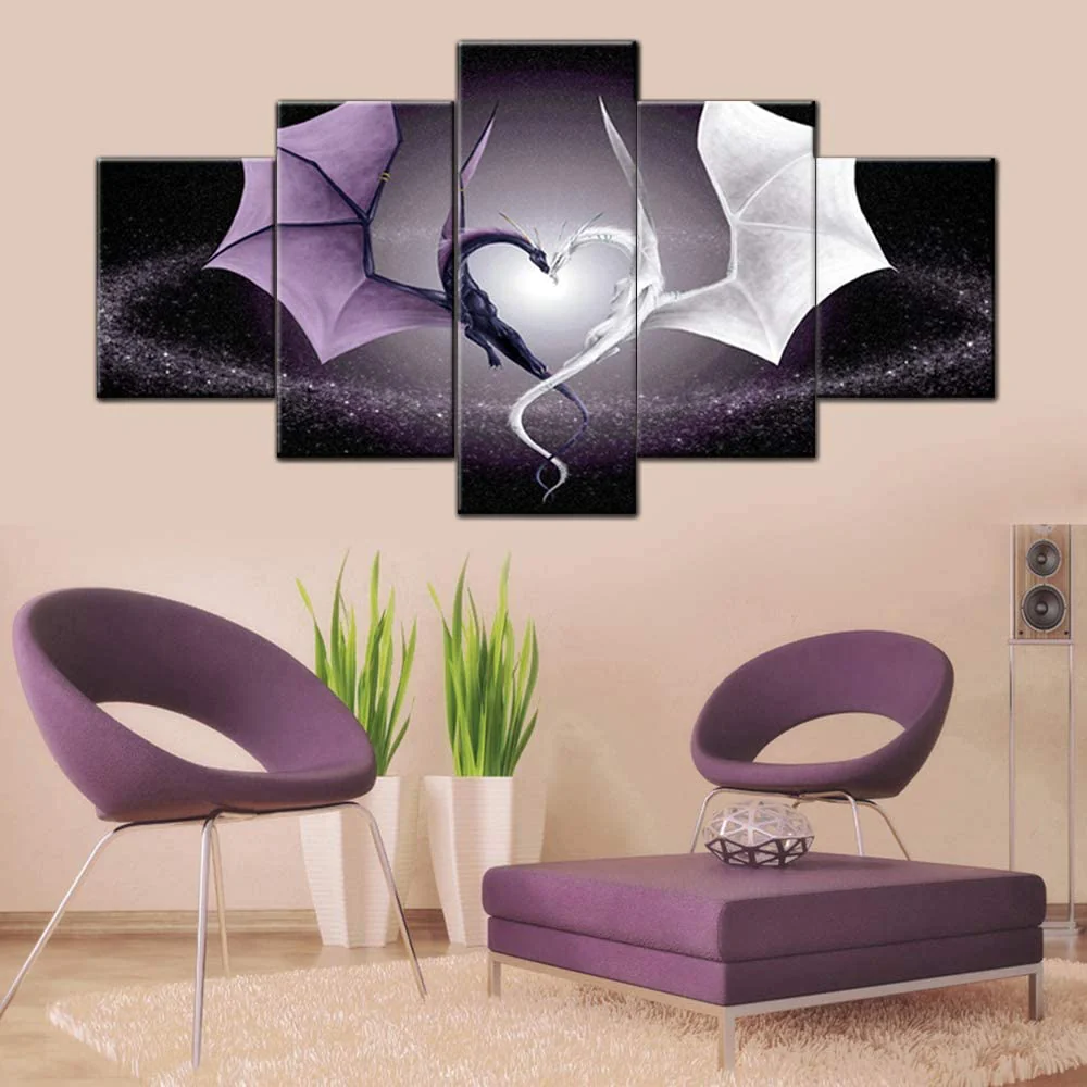 Dragon Love Heart 5 Pieces Canvas Black and White Dragon Wall Art Home Decor 5 Panel Dragon Canvas - Image 4