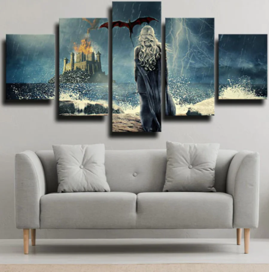 Game of Thrones Dragon Castle Painting Canvas 5 Panels Pictures Home Decor Canvas - Image 2