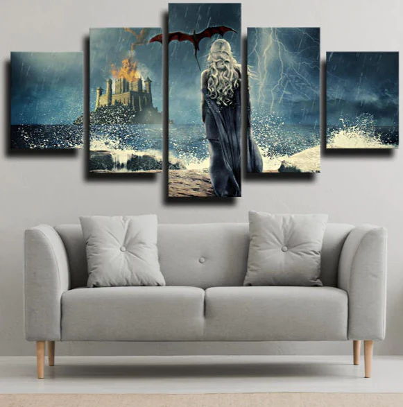 Game of Thrones Dragon Castle Painting Canvas 5 Panels Pictures Home Decor Canvas - Image 4