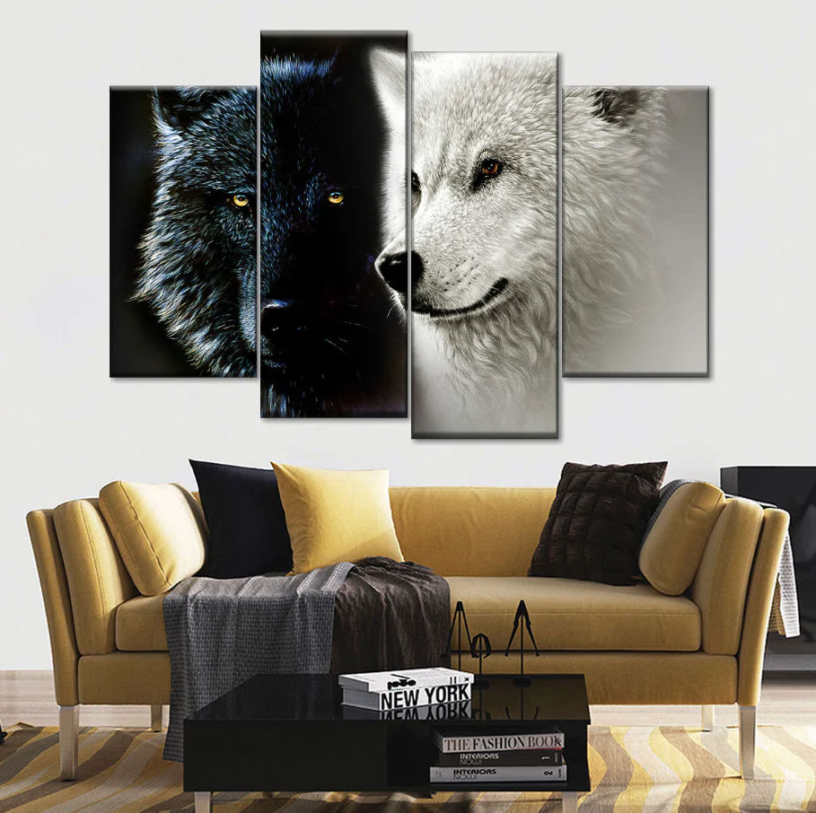 Black and White Wolf 5 Piece Canvas Wall Art Living Room Decor Ying Yang Painting 5 Panel Canvas