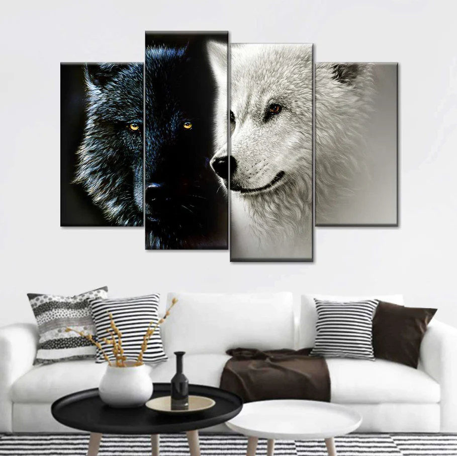 Black and White Wolf 5 Piece Canvas Wall Art Living Room Decor Ying Yang Painting 5 Panel Canvas - Image 2