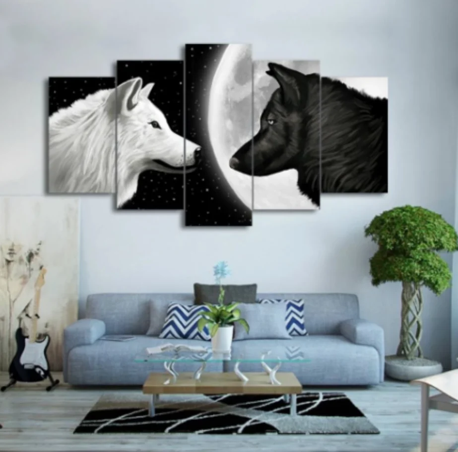 White and Black Wolf 5 Pieces Canvas Wall Art Living Room Decoration Ying Yang Wolves Canvas - Image 2