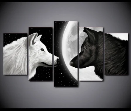 White and Black Wolf 5 Pieces Canvas Wall Art Living Room Decoration Ying Yang Wolves Canvas - Image 3