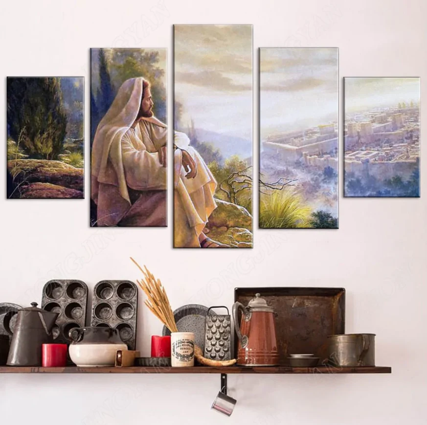 Jesus In Thought Printed Canvas 5 Panels Painting Home Decor Posters Wall Art Framework - Image 2