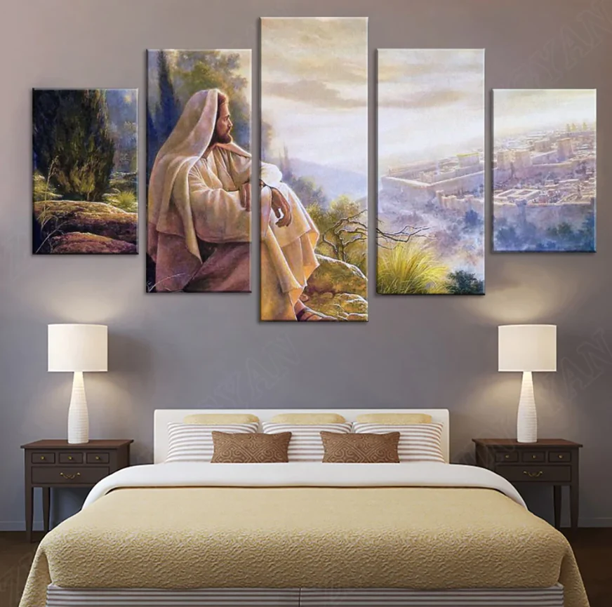Jesus In Thought Printed Canvas 5 Panels Painting Home Decor Posters Wall Art Framework - Image 3