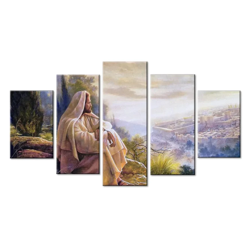 Jesus In Thought Printed Canvas 5 Panels Painting Home Decor Posters Wall Art Framework - Image 4