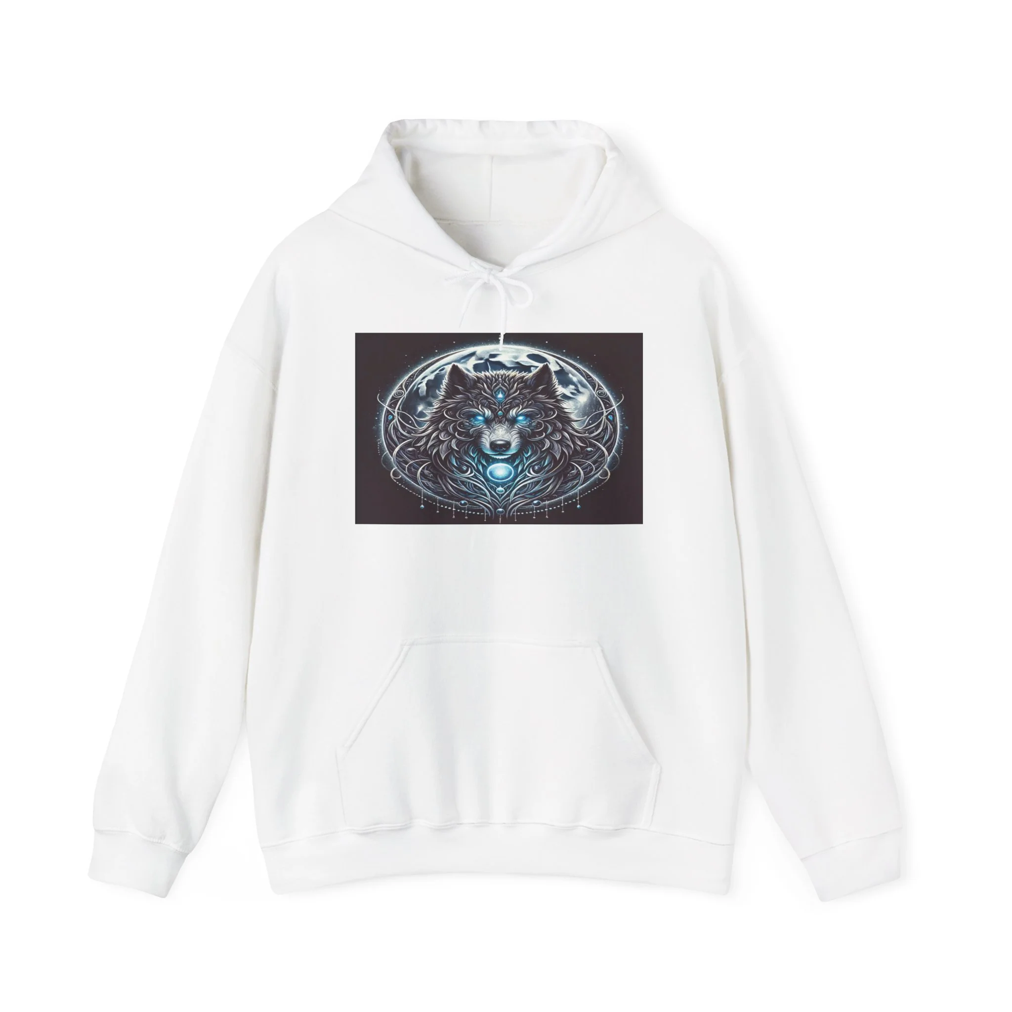 Moonfall Series Blue-Eyed Wolf Moon Hoodie Unique Graphic Hooded Sweatshirt Outdoor Enthusiasts