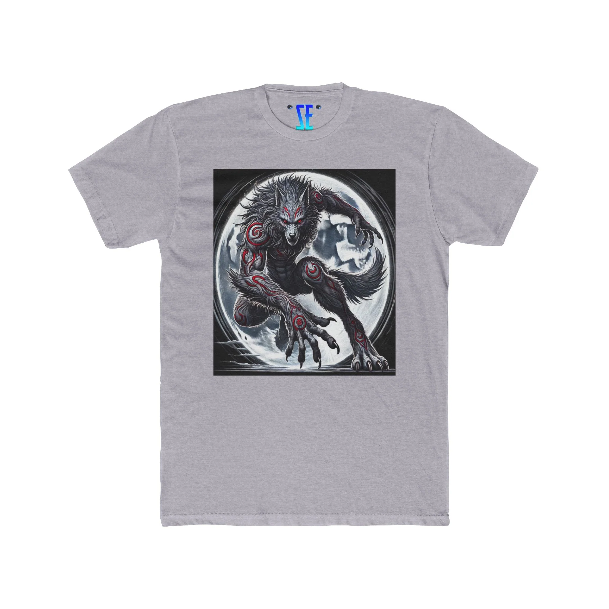 Moonfall Series Epic Stunning Werewolf Silver Red Fur Markings Red-Eyes Graphic Moon T-Shirt - Image 2