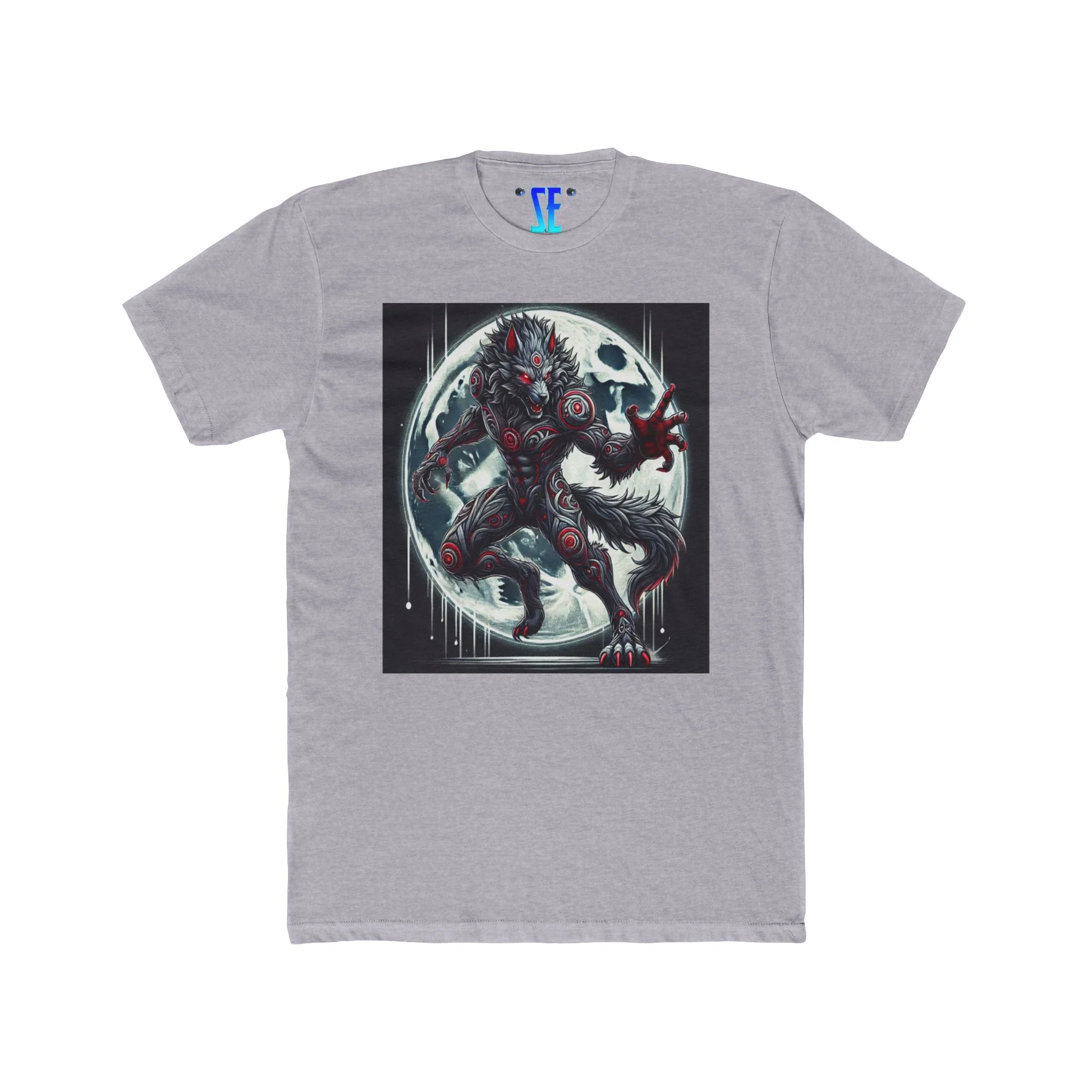 Moonfall Series Werewolf Stunning Silver Red Markings Dynamic Graphic Moon Werewolf Silver Red-Eyes Wolf T-Shirt - Image 2