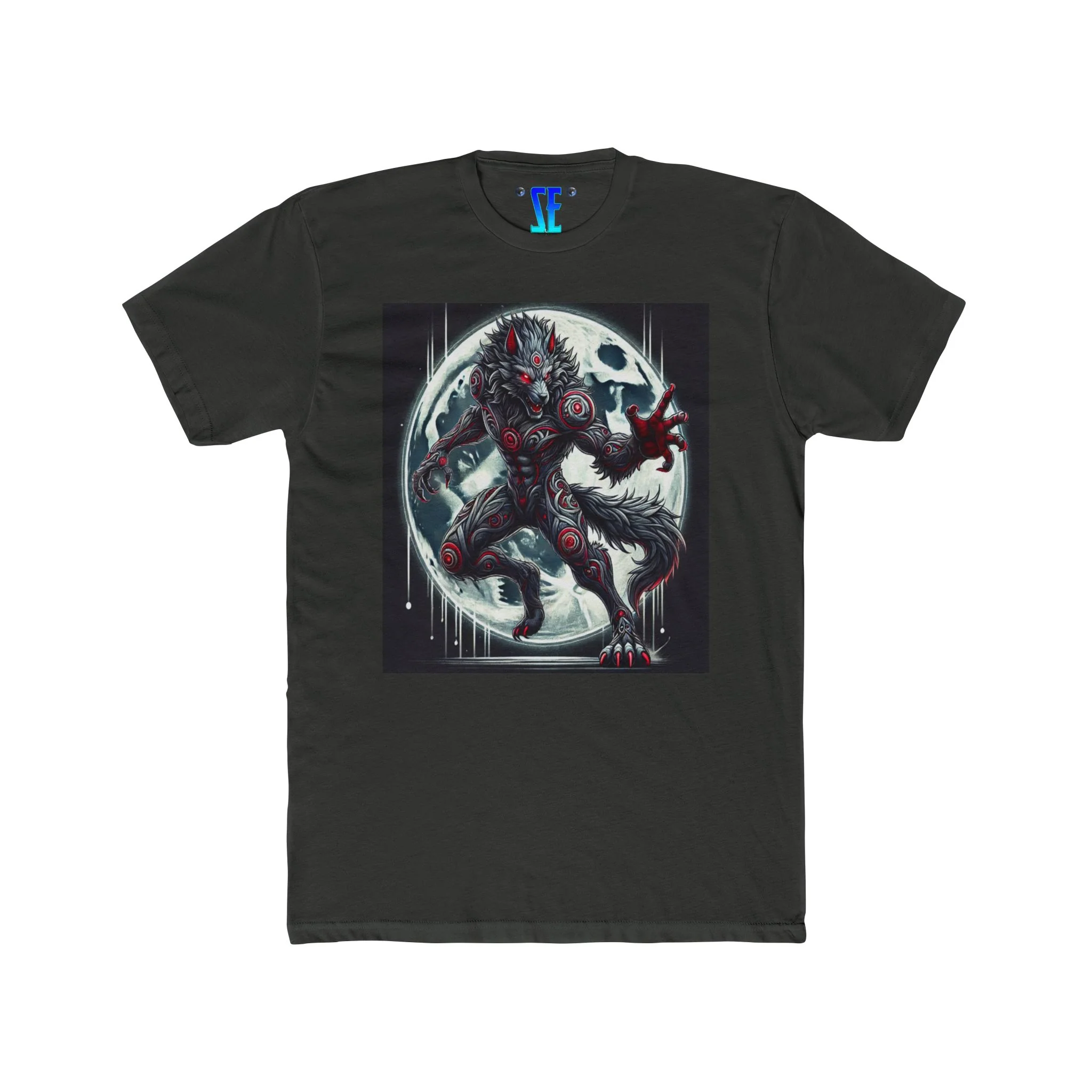 Moonfall Series Werewolf Stunning Silver Red Markings Dynamic Graphic Moon Werewolf Silver Red-Eyes Wolf T-Shirt - Image 3