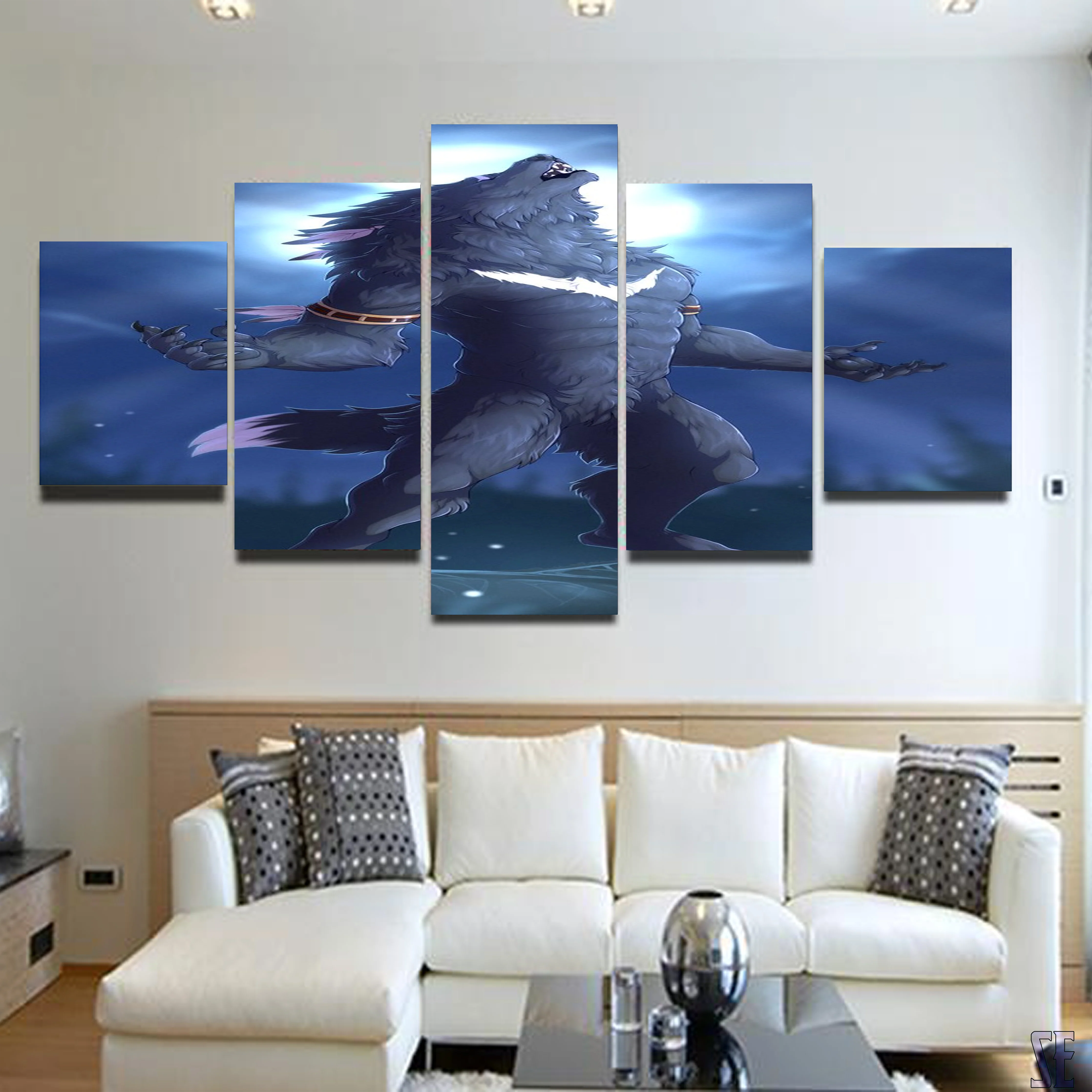 Blue Moonlight Werewolf 5 Piece Canvas Wall Art Home Decor Alpha Werewolf Painting 5 Panel Canvas - Image 4
