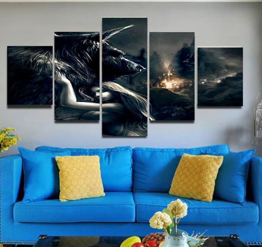Protect The One You 5 Pieces Canvas Living Room Home Decor Wall Art Wolf and Girl 5 Panel Canvas - Image 2