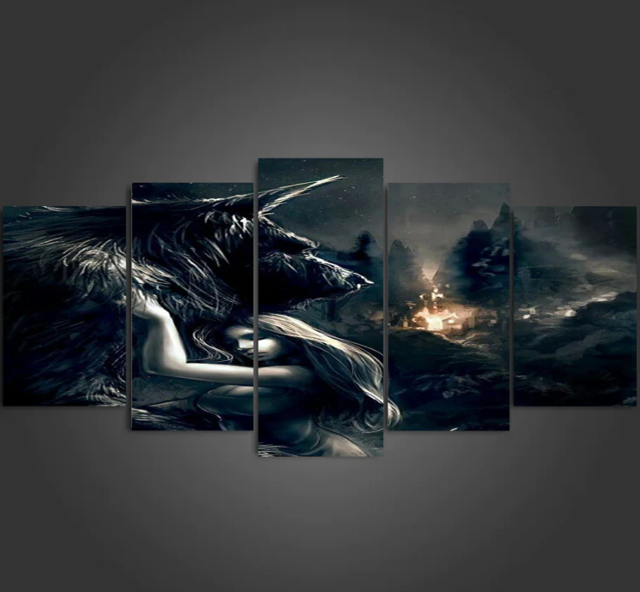 Protect The One You 5 Pieces Canvas Living Room Home Decor Wall Art Wolf and Girl 5 Panel Canvas - Image 3
