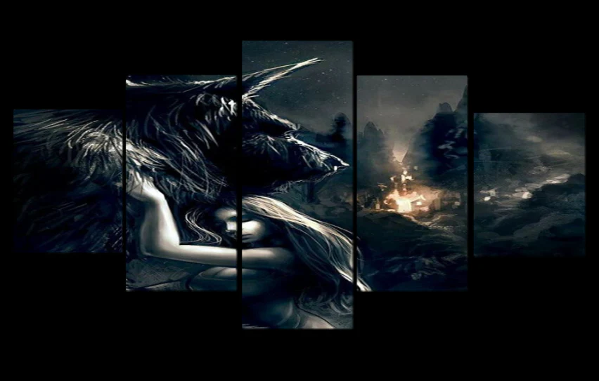 Protect The One You 5 Pieces Canvas Living Room Home Decor Wall Art Wolf and Girl 5 Panel Canvas - Image 5