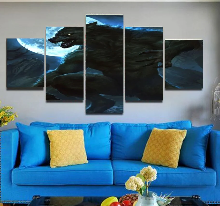 Werewolf 5 Pieces Canvas Wolf Moonlight Wall Art Home Decor Living Room Alpha Werewolf 5 Panel Canvas - Image 2