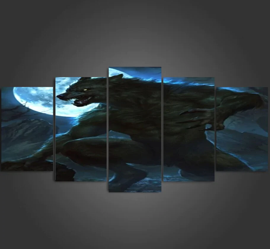 Werewolf 5 Pieces Canvas Wolf Moonlight Wall Art Home Decor Living Room Alpha Werewolf 5 Panel Canvas - Image 3