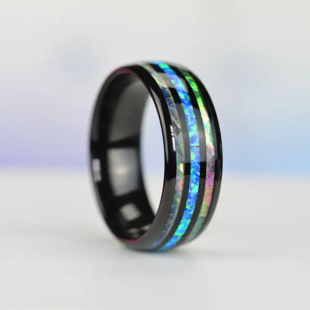 Rose Gold Color Stainless Steel Rings Shell Blue Opal Jewelry - Image 3