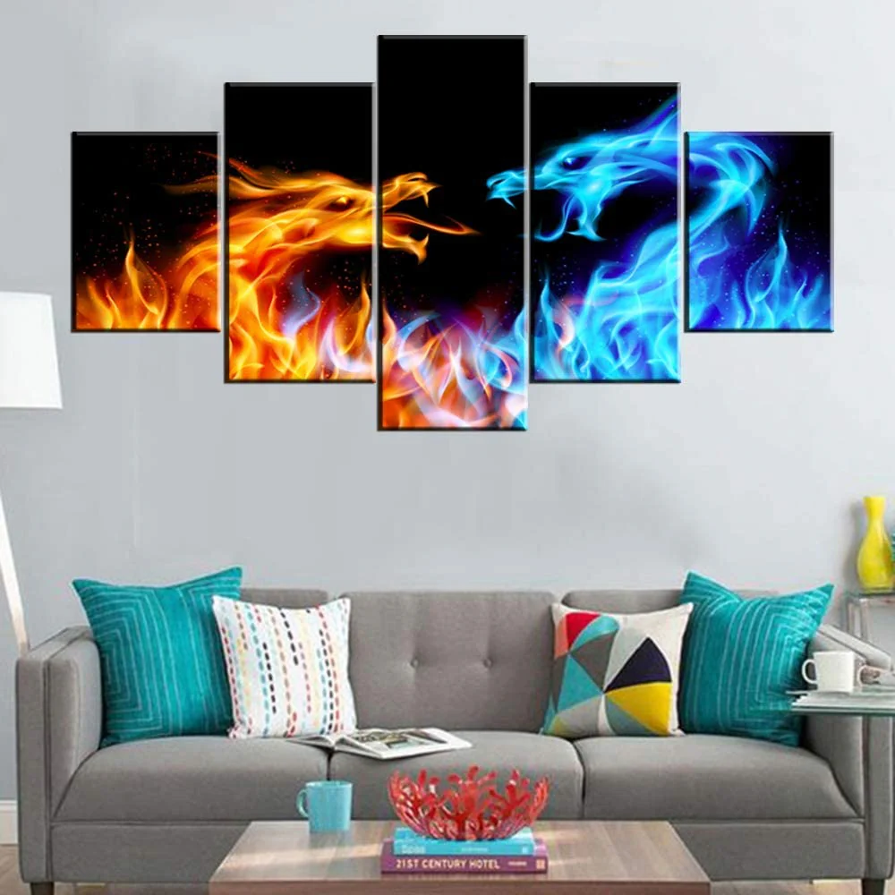 Fire and Ice Dragon 5 Pieces Wall Art Canvas Living Room Bedroom Decoration Home 5 Panel Canvas - Image 2