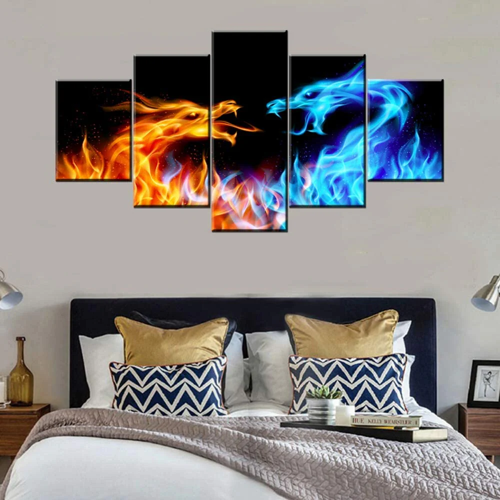Fire and Ice Dragon 5 Pieces Wall Art Canvas Living Room Bedroom Decoration Home 5 Panel Canvas - Image 3