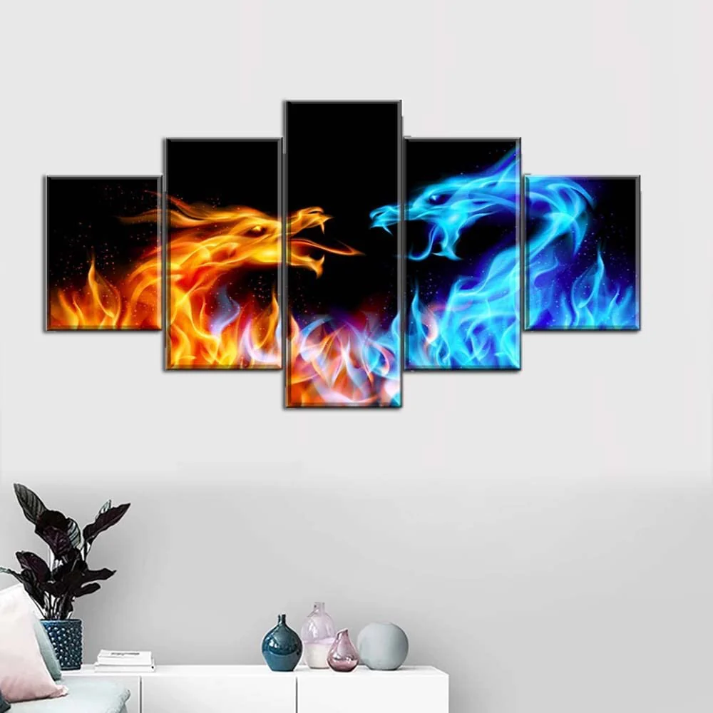 Fire and Ice Dragon 5 Pieces Wall Art Canvas Living Room Bedroom Decoration Home 5 Panel Canvas - Image 4