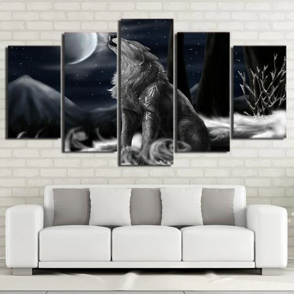 Wolf Night Moon Wall Art 5 Pieces Canvas Home Decor Living Room 5 Panel Canvas - Image 5