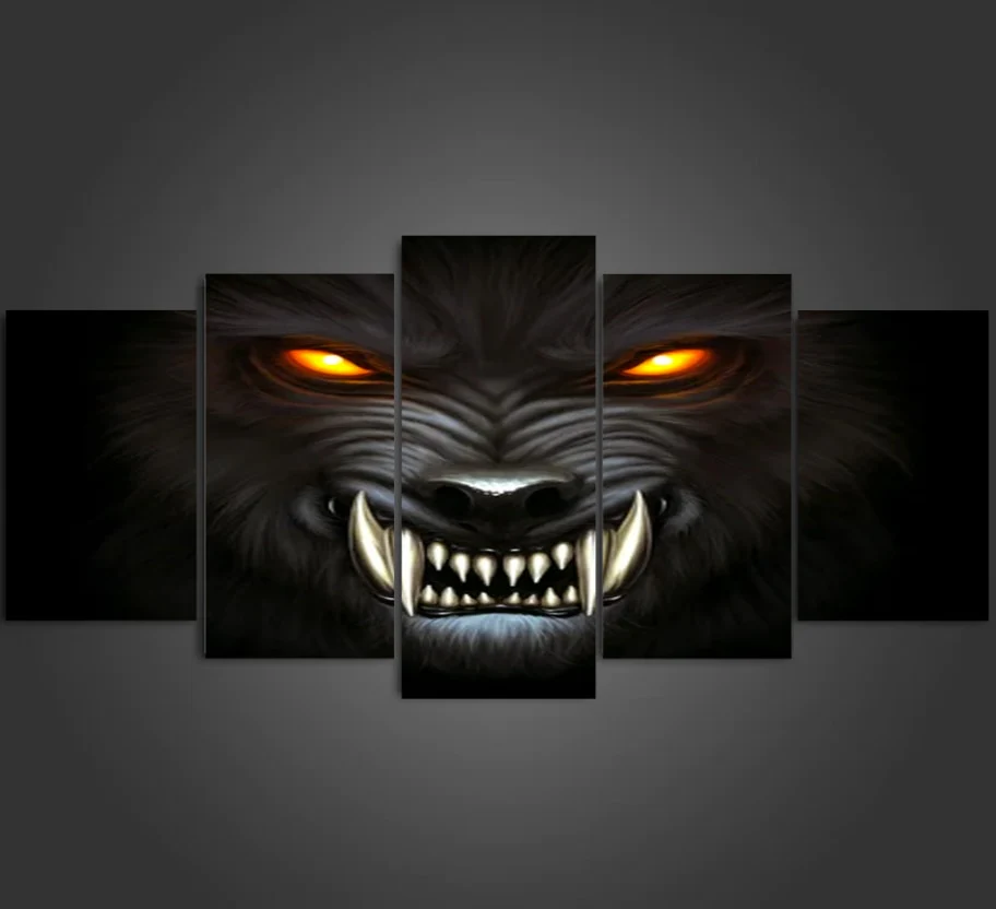 Red Eyes Alpha Werewolf Wall Art 5 Pieces Canvas Ferocious Werewolf Home Decor Living Room Canvas - Image 3