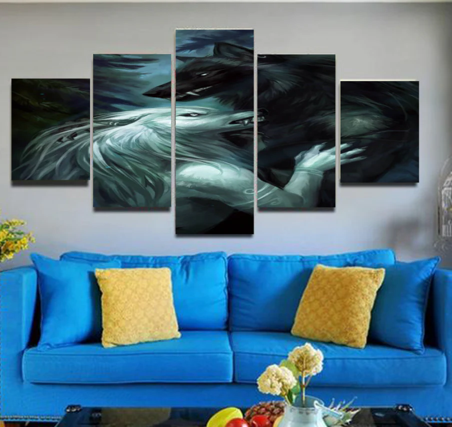 Werewolf Love 5 Pieces Wall Art Canvas White She Wolf and Black Wolf Home Decor Living Room Canvas - Image 2