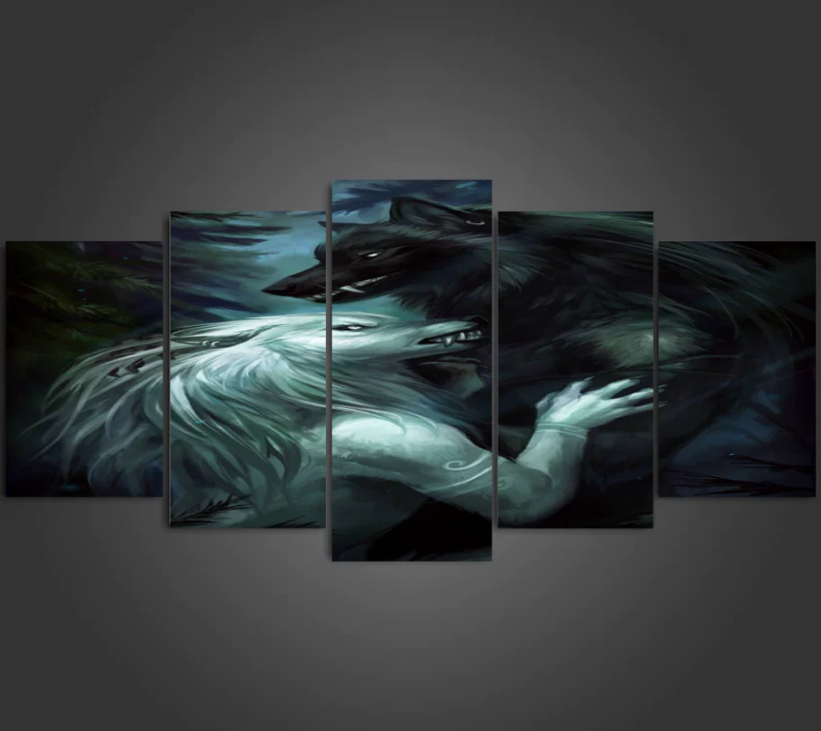 Werewolf Love 5 Pieces Wall Art Canvas White She Wolf and Black Wolf Home Decor Living Room Canvas - Image 3