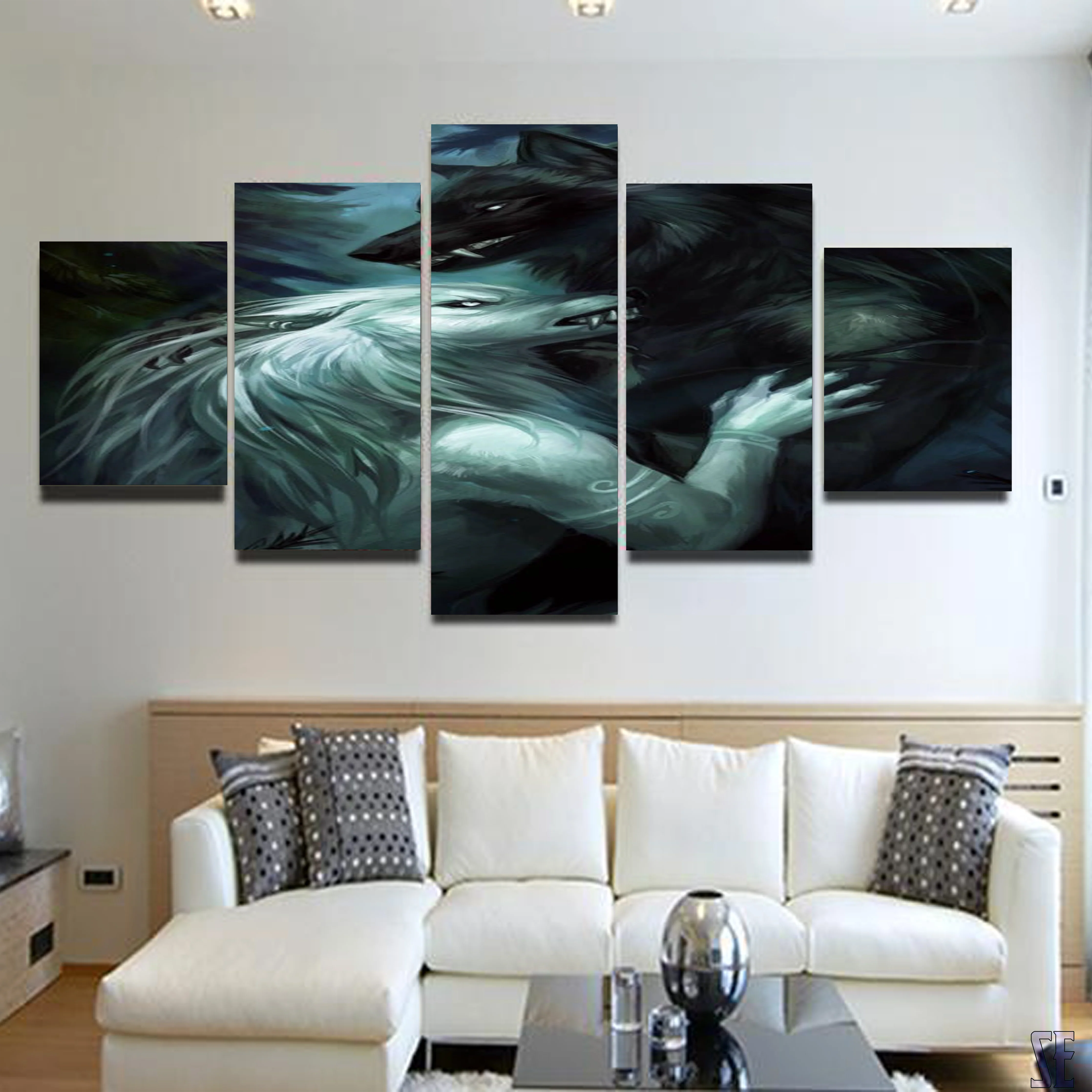 Werewolf Love 5 Pieces Wall Art Canvas White She Wolf and Black Wolf Home Decor Living Room Canvas - Image 5